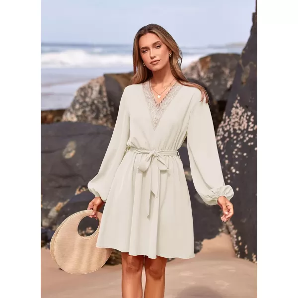 imagePRETTYGARDEN Womens 2023 Casual Fall Dress Long Sleeve Lace Trim V Neck Belted Short A Line Flowy DressBeige White