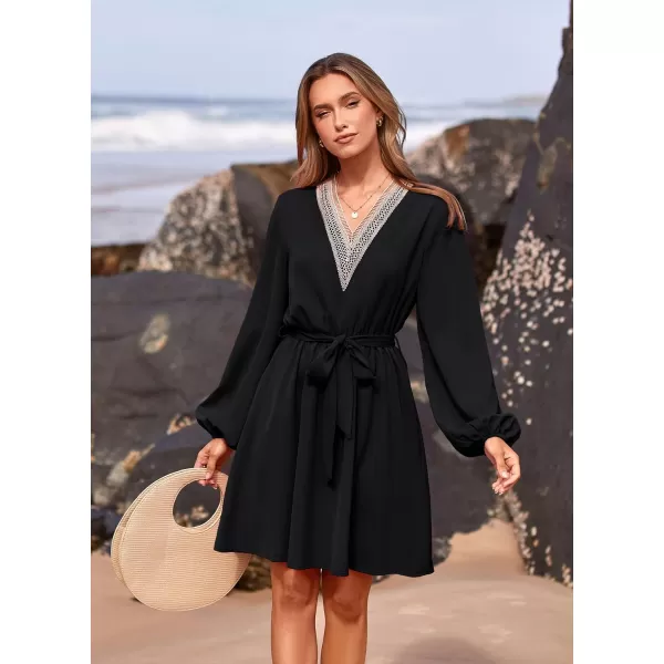 imagePRETTYGARDEN Womens 2023 Casual Fall Dress Long Sleeve Lace Trim V Neck Belted Short A Line Flowy DressBlack
