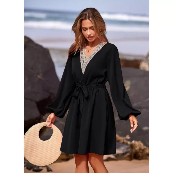imagePRETTYGARDEN Womens 2023 Casual Fall Dress Long Sleeve Lace Trim V Neck Belted Short A Line Flowy DressBlack