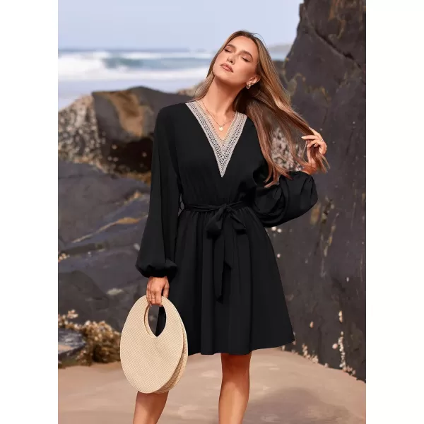 imagePRETTYGARDEN Womens 2023 Casual Fall Dress Long Sleeve Lace Trim V Neck Belted Short A Line Flowy DressBlack