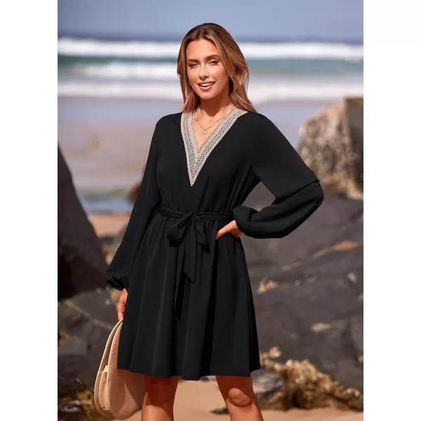 imagePRETTYGARDEN Womens 2023 Casual Fall Dress Long Sleeve Lace Trim V Neck Belted Short A Line Flowy DressBlack