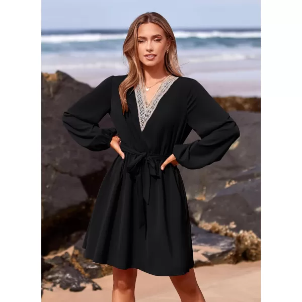 imagePRETTYGARDEN Womens 2023 Casual Fall Dress Long Sleeve Lace Trim V Neck Belted Short A Line Flowy DressBlack