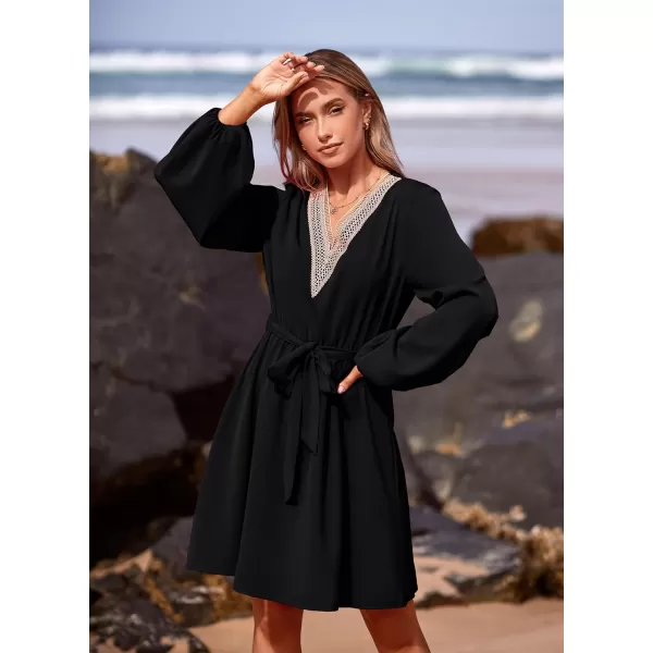 imagePRETTYGARDEN Womens 2023 Casual Fall Dress Long Sleeve Lace Trim V Neck Belted Short A Line Flowy DressBlack