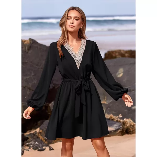 imagePRETTYGARDEN Womens 2023 Casual Fall Dress Long Sleeve Lace Trim V Neck Belted Short A Line Flowy DressBlack