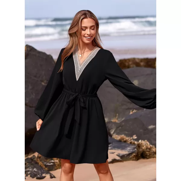 imagePRETTYGARDEN Womens 2023 Casual Fall Dress Long Sleeve Lace Trim V Neck Belted Short A Line Flowy DressBlack
