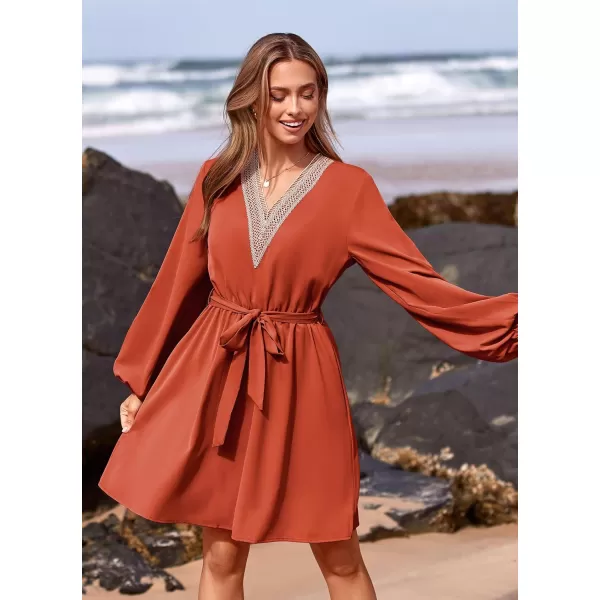 imagePRETTYGARDEN Womens 2023 Casual Fall Dress Long Sleeve Lace Trim V Neck Belted Short A Line Flowy DressBrick Red