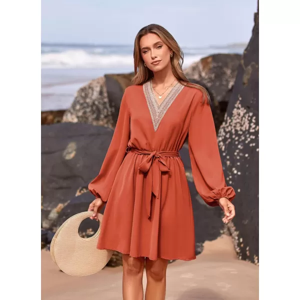 imagePRETTYGARDEN Womens 2023 Casual Fall Dress Long Sleeve Lace Trim V Neck Belted Short A Line Flowy DressBrick Red