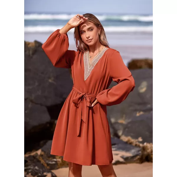 imagePRETTYGARDEN Womens 2023 Casual Fall Dress Long Sleeve Lace Trim V Neck Belted Short A Line Flowy DressBrick Red