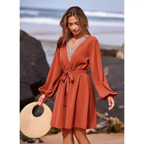 imagePRETTYGARDEN Womens 2023 Casual Fall Dress Long Sleeve Lace Trim V Neck Belted Short A Line Flowy DressBrick Red