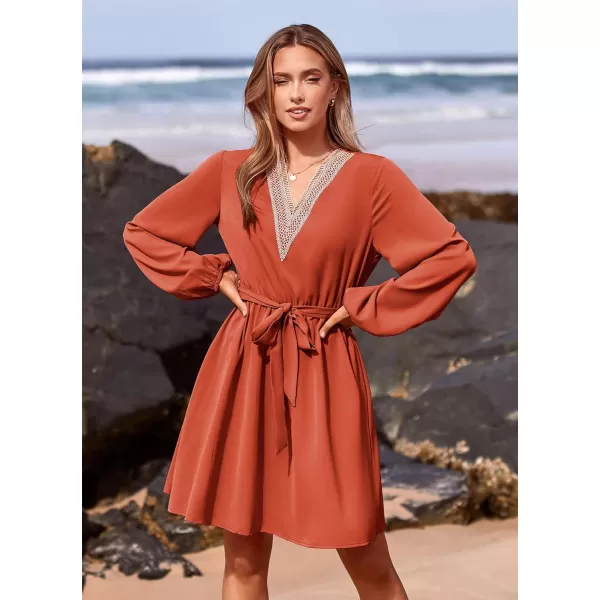 imagePRETTYGARDEN Womens 2023 Casual Fall Dress Long Sleeve Lace Trim V Neck Belted Short A Line Flowy DressBrick Red