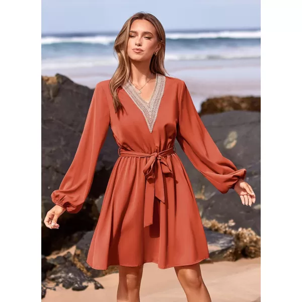 imagePRETTYGARDEN Womens 2023 Casual Fall Dress Long Sleeve Lace Trim V Neck Belted Short A Line Flowy DressBrick Red