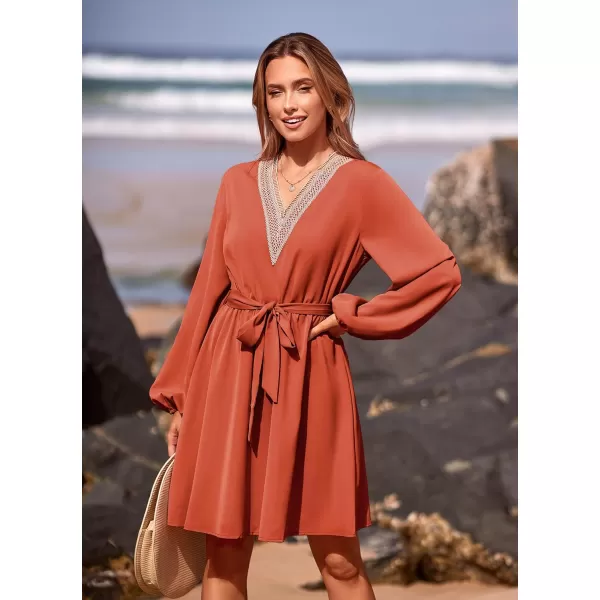 imagePRETTYGARDEN Womens 2023 Casual Fall Dress Long Sleeve Lace Trim V Neck Belted Short A Line Flowy DressBrick Red