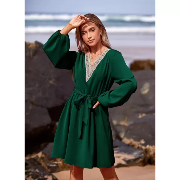 imagePRETTYGARDEN Womens 2023 Casual Fall Dress Long Sleeve Lace Trim V Neck Belted Short A Line Flowy DressDark Green