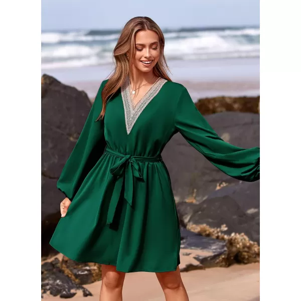 imagePRETTYGARDEN Womens 2023 Casual Fall Dress Long Sleeve Lace Trim V Neck Belted Short A Line Flowy DressDark Green