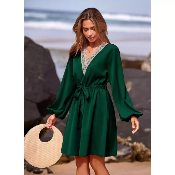 imagePRETTYGARDEN Womens 2023 Casual Fall Dress Long Sleeve Lace Trim V Neck Belted Short A Line Flowy DressDark Green