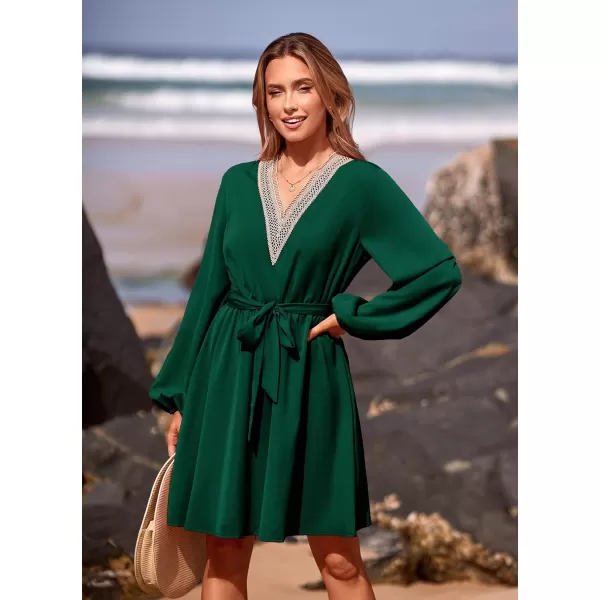 imagePRETTYGARDEN Womens 2023 Casual Fall Dress Long Sleeve Lace Trim V Neck Belted Short A Line Flowy DressDark Green