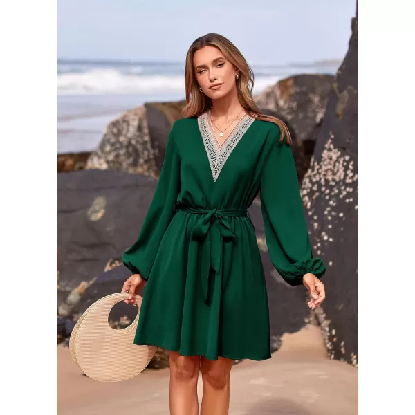 imagePRETTYGARDEN Womens 2023 Casual Fall Dress Long Sleeve Lace Trim V Neck Belted Short A Line Flowy DressDark Green