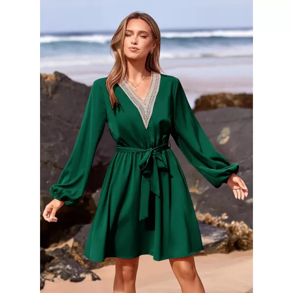 imagePRETTYGARDEN Womens 2023 Casual Fall Dress Long Sleeve Lace Trim V Neck Belted Short A Line Flowy DressDark Green