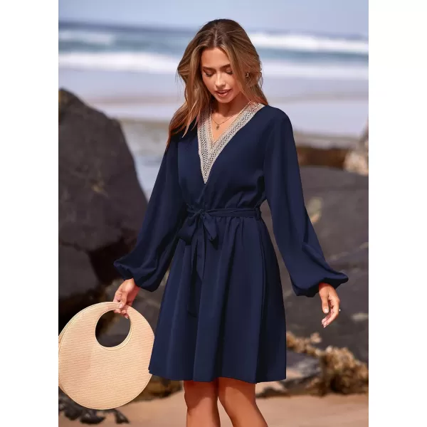 imagePRETTYGARDEN Womens 2023 Casual Fall Dress Long Sleeve Lace Trim V Neck Belted Short A Line Flowy DressNavy