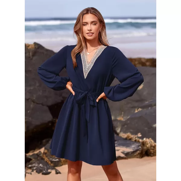 imagePRETTYGARDEN Womens 2023 Casual Fall Dress Long Sleeve Lace Trim V Neck Belted Short A Line Flowy DressNavy