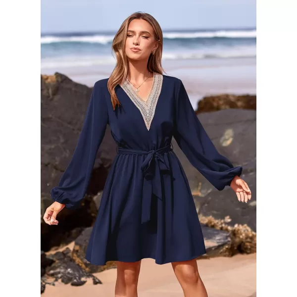 imagePRETTYGARDEN Womens 2023 Casual Fall Dress Long Sleeve Lace Trim V Neck Belted Short A Line Flowy DressNavy