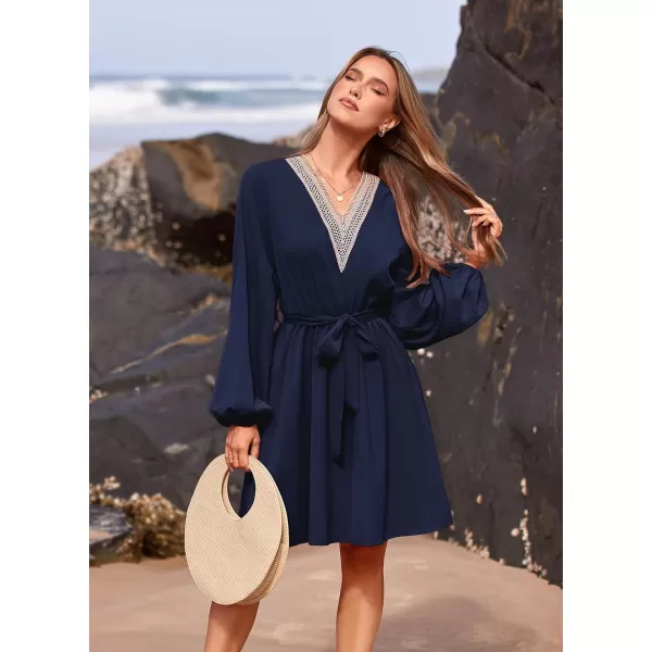 imagePRETTYGARDEN Womens 2023 Casual Fall Dress Long Sleeve Lace Trim V Neck Belted Short A Line Flowy DressNavy