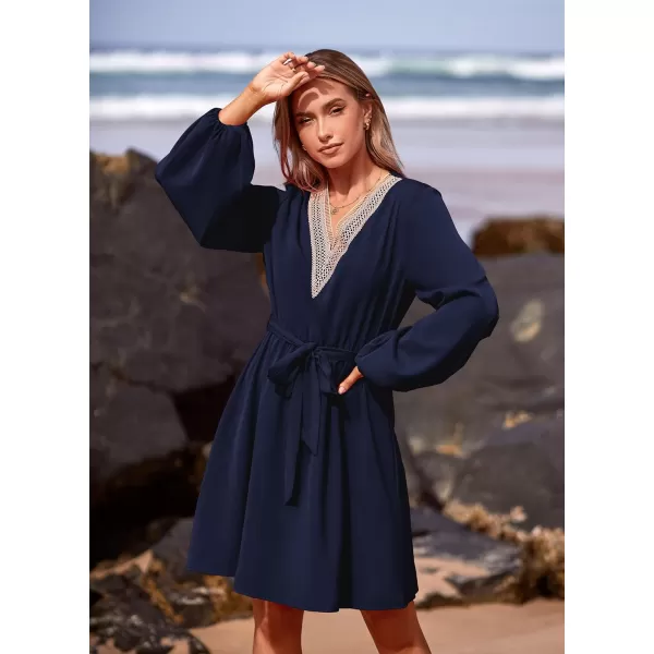 imagePRETTYGARDEN Womens 2023 Casual Fall Dress Long Sleeve Lace Trim V Neck Belted Short A Line Flowy DressNavy