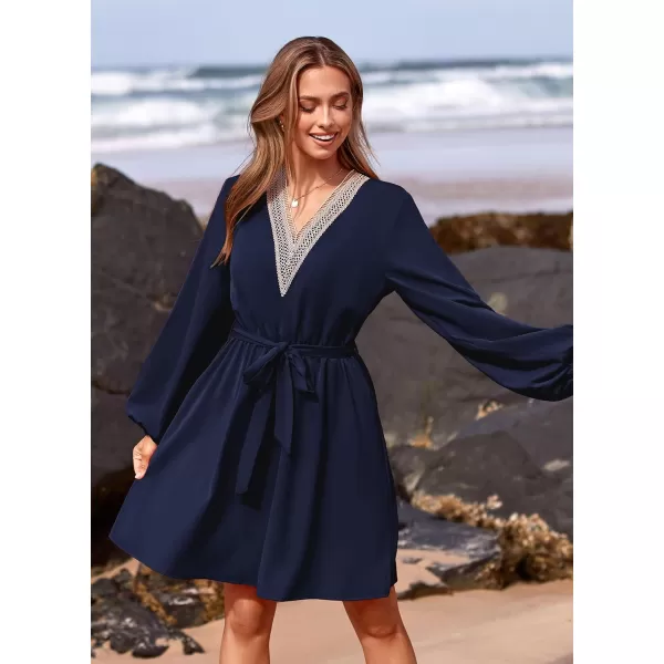 imagePRETTYGARDEN Womens 2023 Casual Fall Dress Long Sleeve Lace Trim V Neck Belted Short A Line Flowy DressNavy