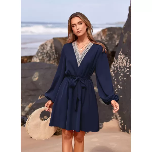 imagePRETTYGARDEN Womens 2023 Casual Fall Dress Long Sleeve Lace Trim V Neck Belted Short A Line Flowy DressNavy