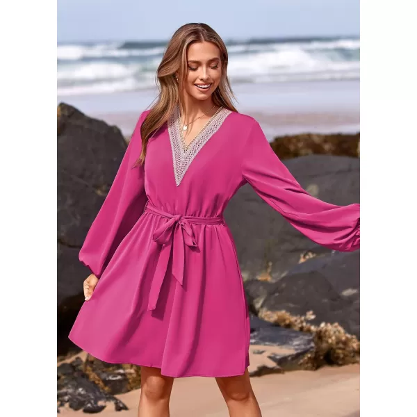 imagePRETTYGARDEN Womens 2023 Casual Fall Dress Long Sleeve Lace Trim V Neck Belted Short A Line Flowy DressRose Red