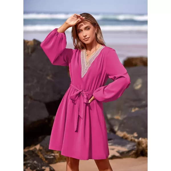 imagePRETTYGARDEN Womens 2023 Casual Fall Dress Long Sleeve Lace Trim V Neck Belted Short A Line Flowy DressRose Red