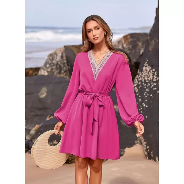 imagePRETTYGARDEN Womens 2023 Casual Fall Dress Long Sleeve Lace Trim V Neck Belted Short A Line Flowy DressRose Red