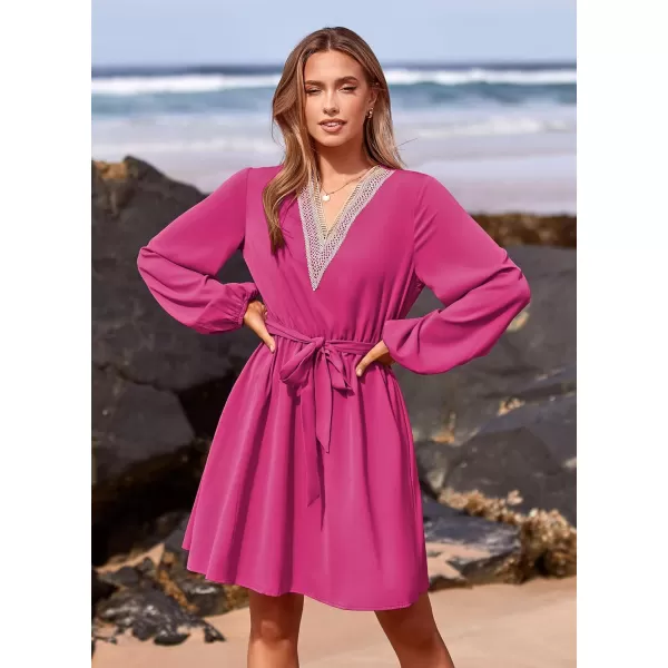 imagePRETTYGARDEN Womens 2023 Casual Fall Dress Long Sleeve Lace Trim V Neck Belted Short A Line Flowy DressRose Red