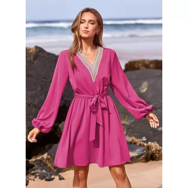 imagePRETTYGARDEN Womens 2023 Casual Fall Dress Long Sleeve Lace Trim V Neck Belted Short A Line Flowy DressRose Red