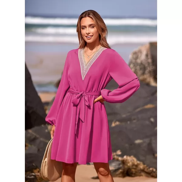 imagePRETTYGARDEN Womens 2023 Casual Fall Dress Long Sleeve Lace Trim V Neck Belted Short A Line Flowy DressRose Red