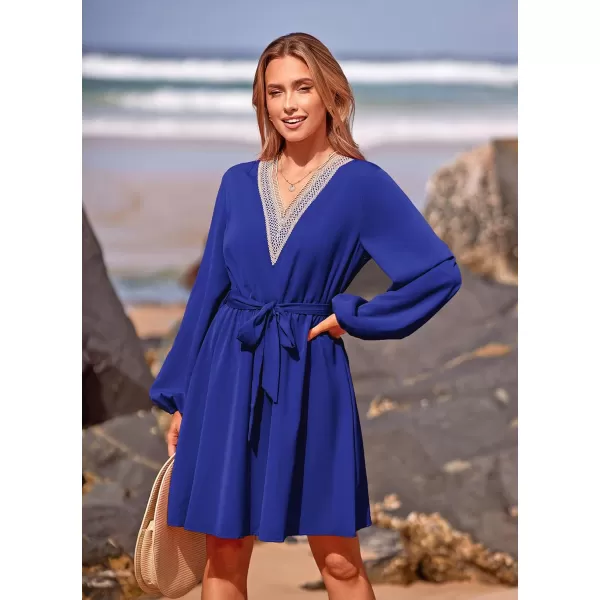 imagePRETTYGARDEN Womens 2023 Casual Fall Dress Long Sleeve Lace Trim V Neck Belted Short A Line Flowy DressRoyal Blue