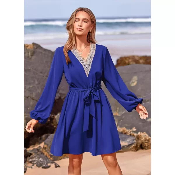 imagePRETTYGARDEN Womens 2023 Casual Fall Dress Long Sleeve Lace Trim V Neck Belted Short A Line Flowy DressRoyal Blue