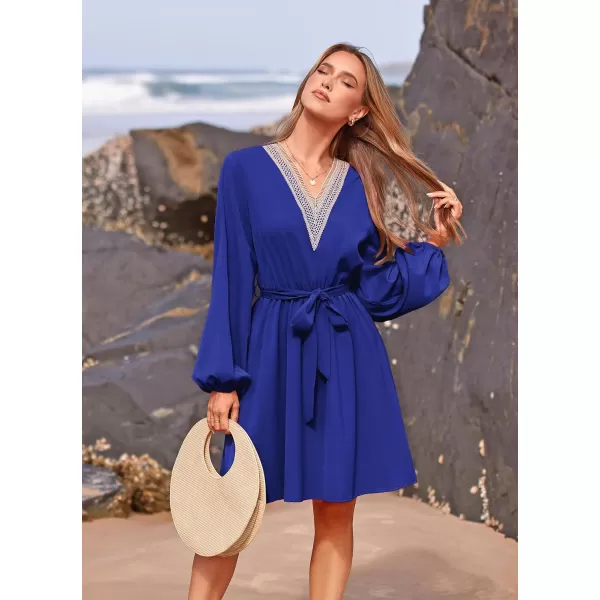imagePRETTYGARDEN Womens 2023 Casual Fall Dress Long Sleeve Lace Trim V Neck Belted Short A Line Flowy DressRoyal Blue