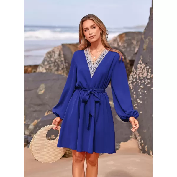 imagePRETTYGARDEN Womens 2023 Casual Fall Dress Long Sleeve Lace Trim V Neck Belted Short A Line Flowy DressRoyal Blue