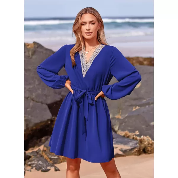 imagePRETTYGARDEN Womens 2023 Casual Fall Dress Long Sleeve Lace Trim V Neck Belted Short A Line Flowy DressRoyal Blue