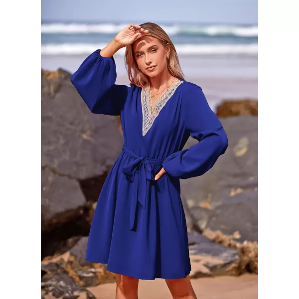 imagePRETTYGARDEN Womens 2023 Casual Fall Dress Long Sleeve Lace Trim V Neck Belted Short A Line Flowy DressRoyal Blue