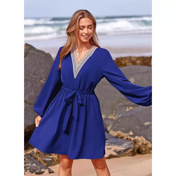 imagePRETTYGARDEN Womens 2023 Casual Fall Dress Long Sleeve Lace Trim V Neck Belted Short A Line Flowy DressRoyal Blue