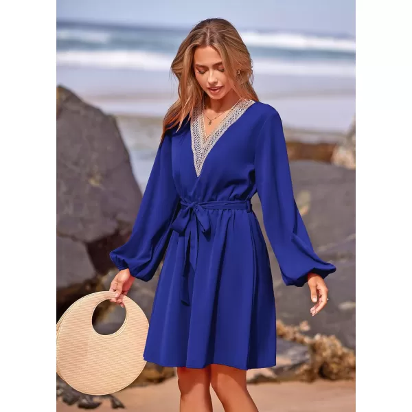 imagePRETTYGARDEN Womens 2023 Casual Fall Dress Long Sleeve Lace Trim V Neck Belted Short A Line Flowy DressRoyal Blue