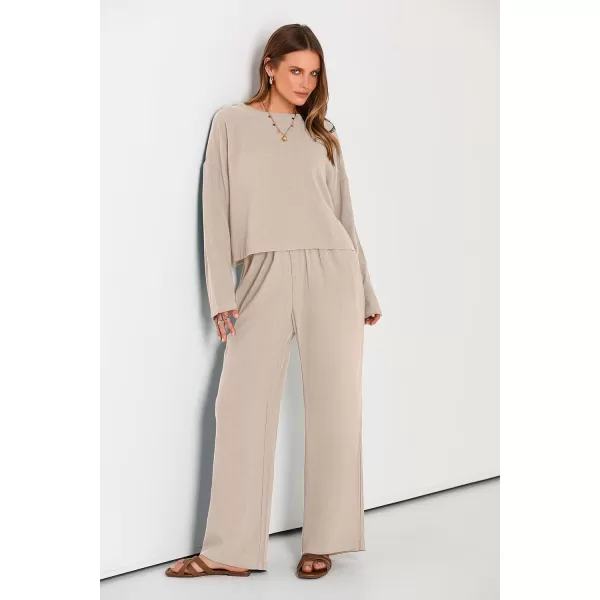 imagePRETTYGARDEN Womens 2023 Fall 2 Piece Outfit Tracksuits Casual Linen Long Sleeve Tops And Wide Leg Pants Lounge SetsBeige