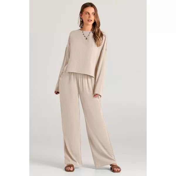 imagePRETTYGARDEN Womens 2023 Fall 2 Piece Outfit Tracksuits Casual Linen Long Sleeve Tops And Wide Leg Pants Lounge SetsBeige