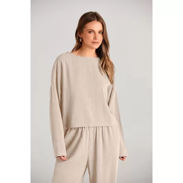 imagePRETTYGARDEN Womens 2023 Fall 2 Piece Outfit Tracksuits Casual Linen Long Sleeve Tops And Wide Leg Pants Lounge SetsBeige