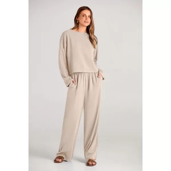 imagePRETTYGARDEN Womens 2023 Fall 2 Piece Outfit Tracksuits Casual Linen Long Sleeve Tops And Wide Leg Pants Lounge SetsBeige