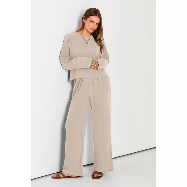 imagePRETTYGARDEN Womens 2023 Fall 2 Piece Outfit Tracksuits Casual Linen Long Sleeve Tops And Wide Leg Pants Lounge SetsBeige