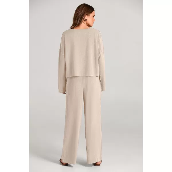 imagePRETTYGARDEN Womens 2023 Fall 2 Piece Outfit Tracksuits Casual Linen Long Sleeve Tops And Wide Leg Pants Lounge SetsBeige