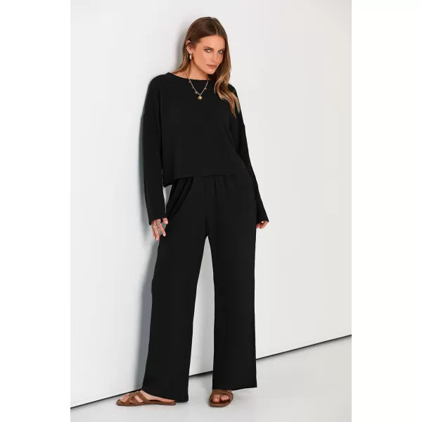 imagePRETTYGARDEN Womens 2023 Fall 2 Piece Outfit Tracksuits Casual Linen Long Sleeve Tops And Wide Leg Pants Lounge SetsBlack